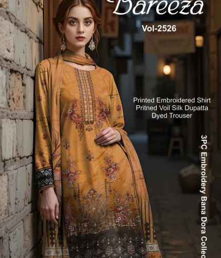 Bareeza – Summer Collection 2025 (Vol-2526) Printed Embroidered Lawn 3-Piece Unstitched Suit – 8 Elegant Designs