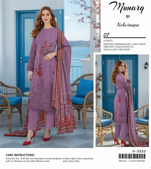 Munarq by Nisha Designer deep plum embroidered lawn 3PC suit with printed dupatta