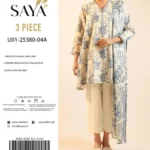 Saya 3PC Printed Lawn Suit with Voil Dupatta and Dyed Trouser – 2025