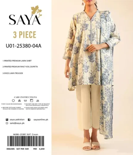 Saya 3PC Printed Lawn Suit with Voil Dupatta and Dyed Trouser – 2025