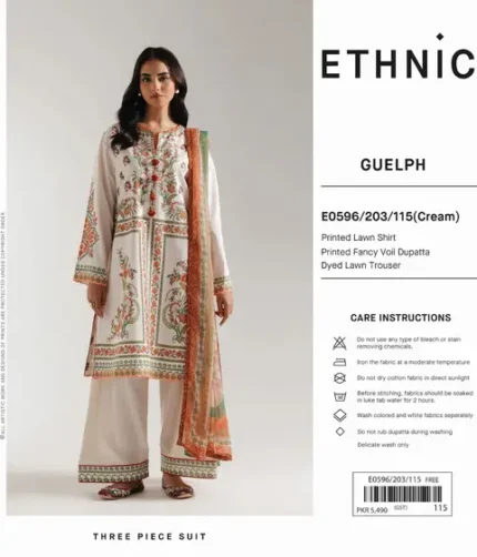 Ethnic 3PC digital printed lawn suit with fancy dupatta – 2025 collection