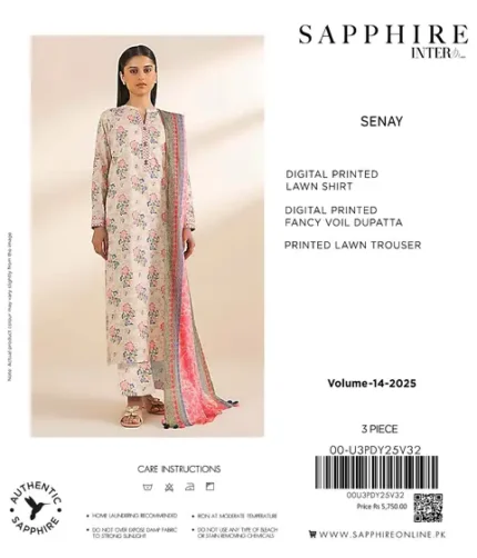 Sapphire Volume 14 3PC lawn suit with digital printed shirt, trouser, and fancy voil dupatta