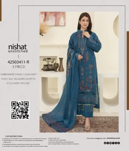 : Nishat embroidered lawn 3PC suit with jacquard dupatta – 6 color options for Summer 2025