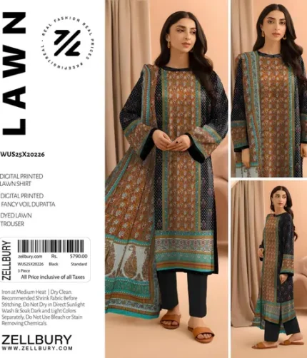 Zellbury 3PC digital printed lawn suit with fancy voil dupatta – Summer 2025 collection