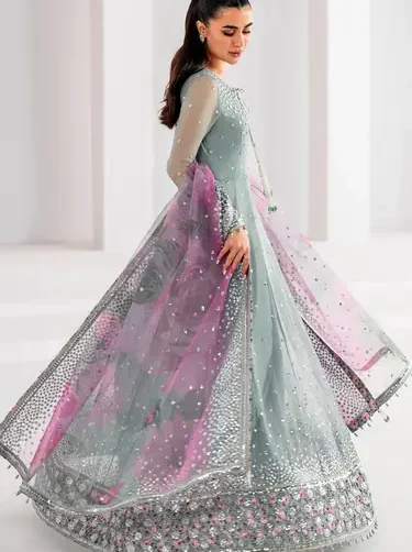 Jazmin embroidered chiffon maxi with net dupatta and silk trouser – formal luxury set
