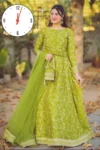 4PC embroidered designer potli dress set in shamose silk with dupatta and potli bag.