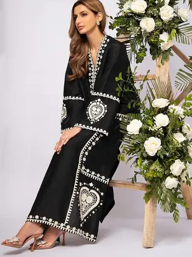Black Sparkle embroidered long shirt with plain trouser – pure lawn premium 2PC collection.