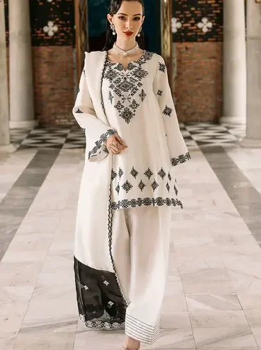 Stitched lawn embroidered suit in Snowstorm design with embroidered shirt, trouser, and dupatta