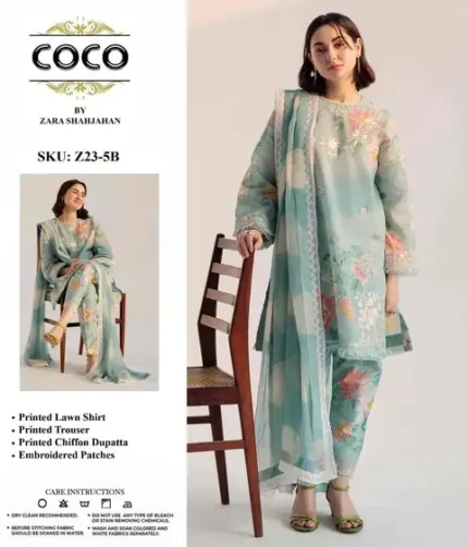 COCO By Zara Shah Jahan D05B premium lawn suit with chiffon dupatta and embroidered patches