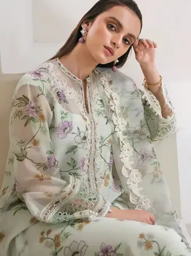 Baroque MD 1379 new colour restock – cotton net printed shirt, organza dupatta with embroidered border, malai trouser