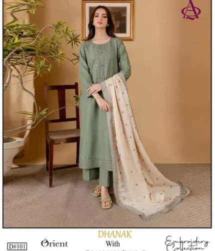 Orient Dhanak embroidered 3PC winter suit with Tesho gala patch, embroidered daman, and matching embroidered shawl