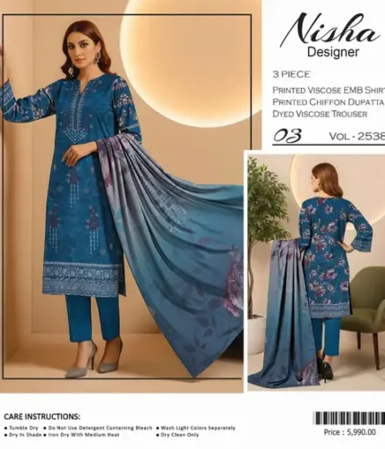 Nisha Designer Winter Collection 2025 – Printed viscos embroidered shirt, chiffon dupatta, dyed trouser – 10 designs – Pakistani unstitched winter dresses for women