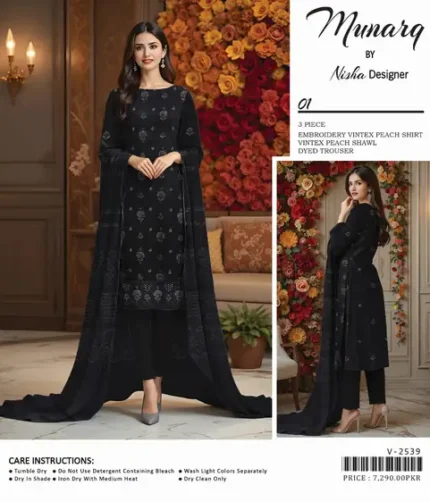 Munarq by Nisha Designer Winter Collection 2025 – Embroidered vintex peach shirt, shawl, dyed trouser – 08 suits in assorted colors – Pakistani designer winter dresses