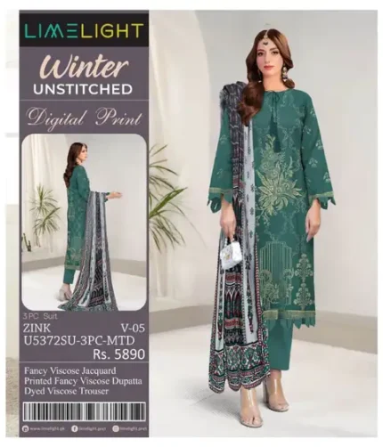 Limelight Linen Winter Unstitched Suit 2025 – Fancy viscose jacquard shirt, printed dupatta, dyed trouser – Pakistani winter dresses for women