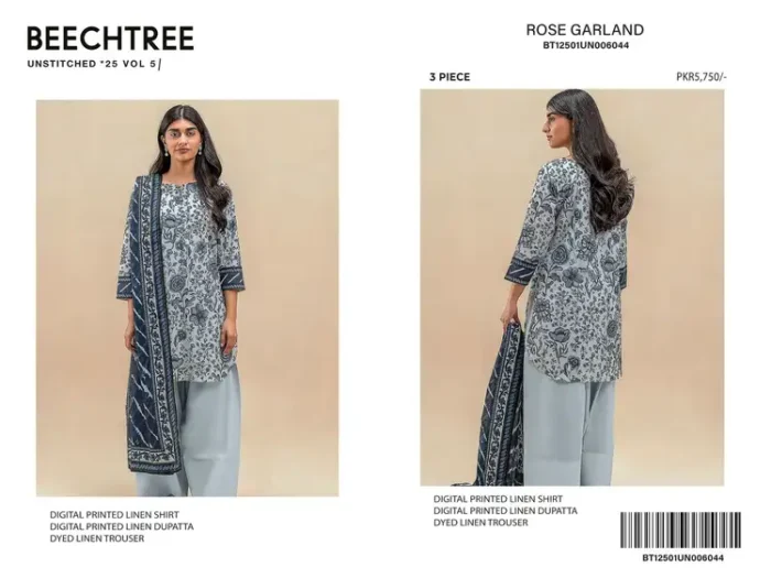 Beechtree Winter Linen Collection 2025 – Digital printed shirt, printed dupatta, dyed trouser – New Arrival Pakistani unstitched suits