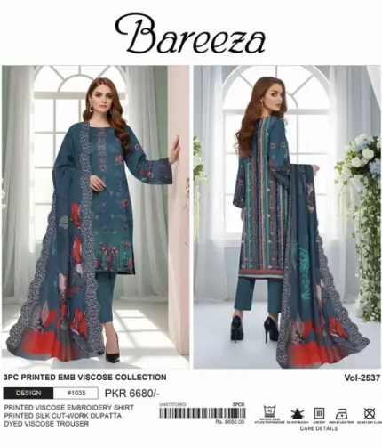 Bareeza Winter Collection 2025 – Printed viscose embroidered shirt, silk cut-work dupatta, dyed trouser – 10 designs – Pakistani branded unstitched suits for women