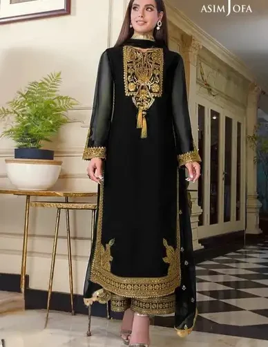 Asim Jofa Iqra Aziz Edit 2023 Chiffon Suit, Heavy Spangle Embroidery, Satin Silk Trouser, Cutwork Dupatta