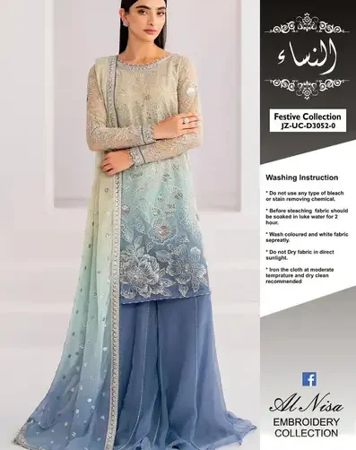 ALNISA JZ-3052 chiffon embroidered suit, tye & dye sequence work, tassel daman, chiffon dupatta, malai inner and trouser