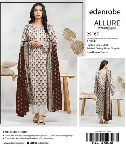Edenrobe Winter Collection 2025 – digital printed linen shirt, sleeves, dobby linen dupatta, and dyed trouser – 11 designs – Pakistani unstitched winter suits for women