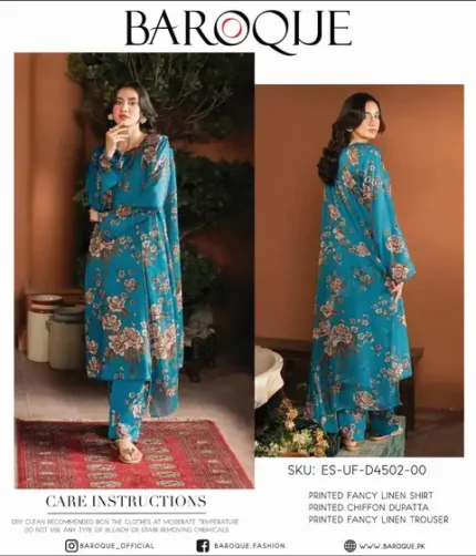 BAROQUE Winter Collection 2025 – printed fancy linen shirt, trouser, and chiffon dupatta – 8 designs – Pakistani unstitched winter suits for women