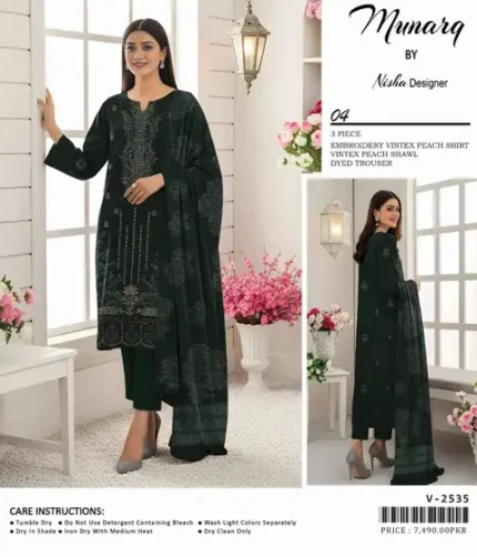 Munarq by Nisha Designer Winter Collection 2025 – embroidered Vintex Peach shirt, shawl, and dyed trouser – 6 designs – Pakistani unstitched suits for women