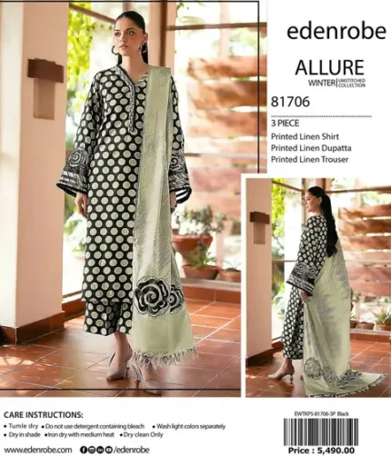 Edenrobe Winter Collection 2025 – Printed linen shirt, printed linen dupatta, printed linen trouser – 10 designs – Pakistani unstitched suits for women