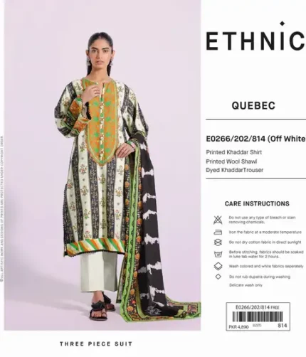 ETHNIC Khaddar Winter Collection 3Pc suit with printed shirt, wool shawl, and trouser – Pakistani designer unstitched wear 2025.