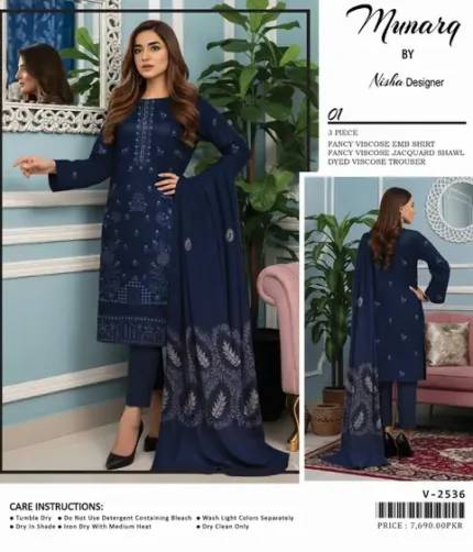 MUNRAQ by Nisha Designer Winter Collection 2025 – Fancy viscose embroidered shirt, jacquard shawl, dyed trouser – 8 unique unstitched designs – Pakistani premium winter suits
