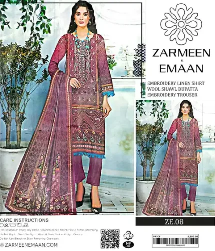 Zarmeen & Emaan Winter Collection 2025 – embroidered linen shirt, wool shawl dupatta, embroidered trouser – 12 designs per set – Pakistani unstitched suits for women