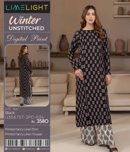Lime Light Winter 2Pc Designer Linen Collection 2025 – printed fancy linen shirt and trouser – 9 designs – Pakistani unstitched suits for women