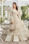 Maria B chiffon suit with heavy embroidered front, adda neck, embroidered sleeves, 4-side embroidered chiffon dupatta, and malai trouser – Pakistani luxury wear 2025