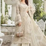 Maria B chiffon suit with heavy embroidered front, adda neck, embroidered sleeves, 4-side embroidered chiffon dupatta, and malai trouser – Pakistani luxury wear 2025
