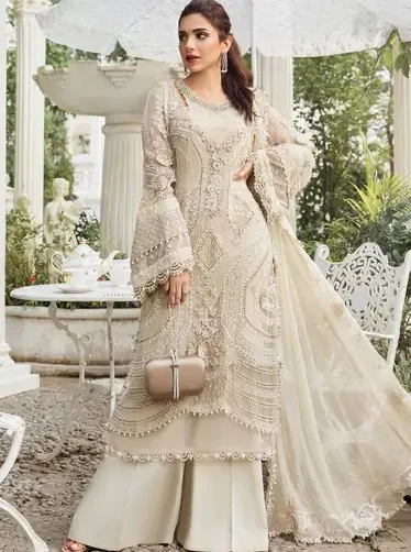 Maria B chiffon suit with heavy embroidered front, adda neck, embroidered sleeves, 4-side embroidered chiffon dupatta, and malai trouser – Pakistani luxury wear 2025