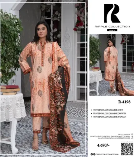 Ripple Collection Winter 2025 – printed golden chambre shirt, dupatta, and trouser – 11 designs – Pakistani unstitched winter suits for women