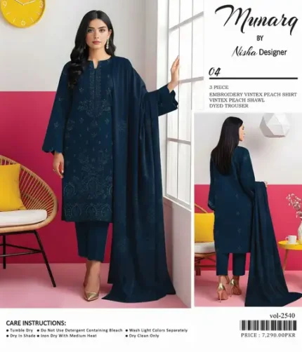 MUNARQ Khaddar Collection 2025 – embroidered Vintex peach shirt, shawl, and trouser – 8 designs – Pakistani unstitched winter suits for women