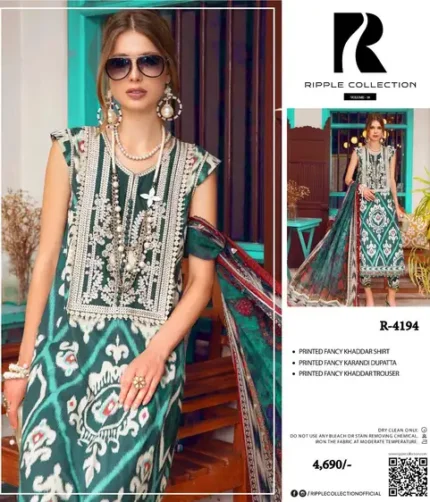 Ripple Collection Khaddar 3Pc Winter Edition – printed shirt, dupatta, and trouser in 10 designs, Pakistani unstitched winter suits 2025.