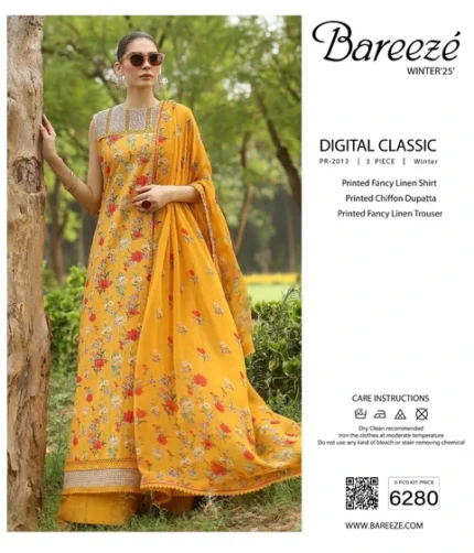 Bareeze Digital Classic Linen Collection 2025 – printed fancy linen shirt, trouser, and chiffon dupatta – 8 designs – Pakistani unstitched suits for women