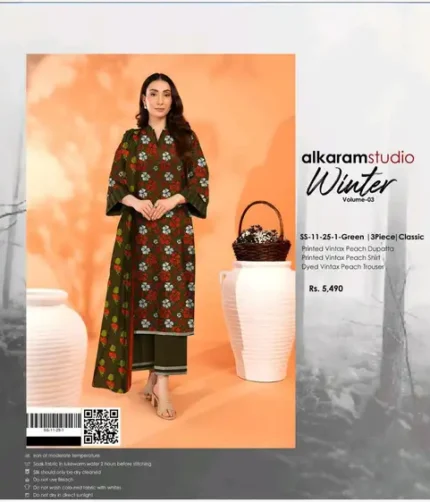 Alkaram Studio Winter Collection 2025 – printed Vintex Peach shirt, dupatta, and trouser – 10 designs – Pakistani unstitched winter suits for women