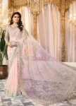 Maria B Premium Collection Net Heavy Embroidered Saari Suit with spengle work, embroidered borders, and satin silk trouser – Pakistani wedding and festive wear 2025