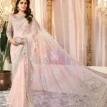 Maria B Premium Collection Net Heavy Embroidered Saari Suit with spengle work, embroidered borders, and satin silk trouser – Pakistani wedding and festive wear 2025