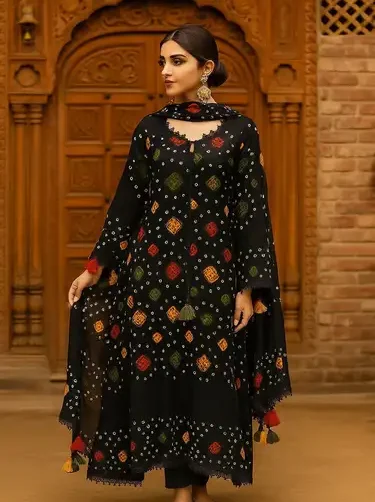 Rajasthani Handmade Chunnri Linen Dress – 4Pc set with shirt, sleeves, trouser & dupatta – Traditional Pakistani women’s wear 2025