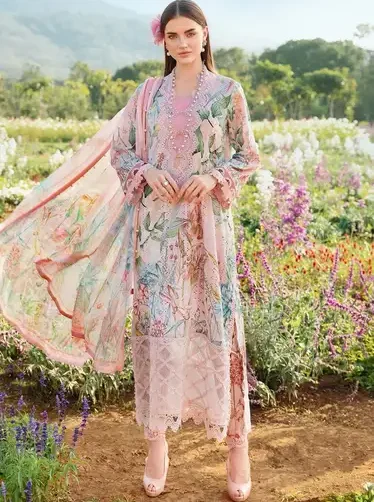 Maria B Premium Edition Digital Printed Linen 3Pc Unstitched Suit with embroidered chikan kari front and 4-side embroidered dupatta – Pakistani women’s winter collection 2025