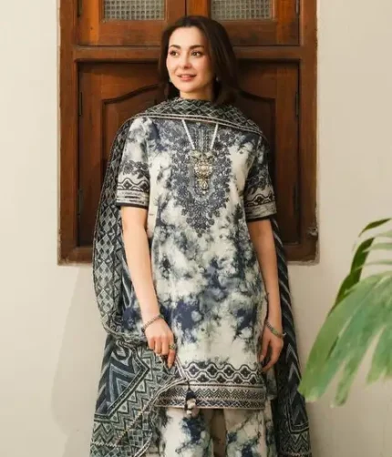 Sapphire Elite Edition 3Pc unstitched suit with digital printed shirt, embroidered patches, Dhank shawl, and trouser – Pakistani designer wear 2025