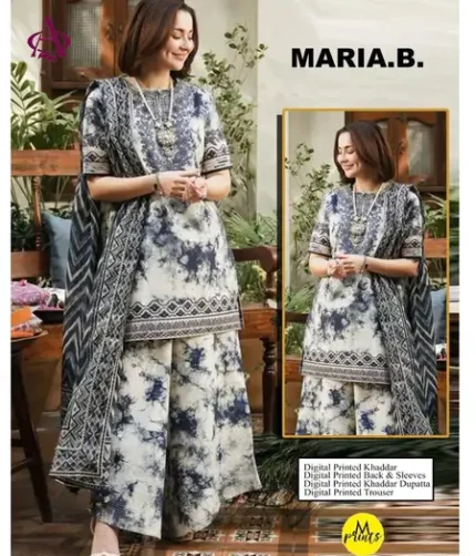 Maria.B Khaddar unstitched winter collection – embroidered patches with printed shirt, trouser, and shawl – premium Pakistani women’s winter wear 2025