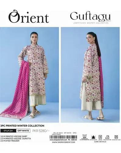 Orient 3Pc winter collection unstitched viscose suit featuring printed shirt, printed dupatta, and dyed trouser – Pakistani designer winter wear 2025