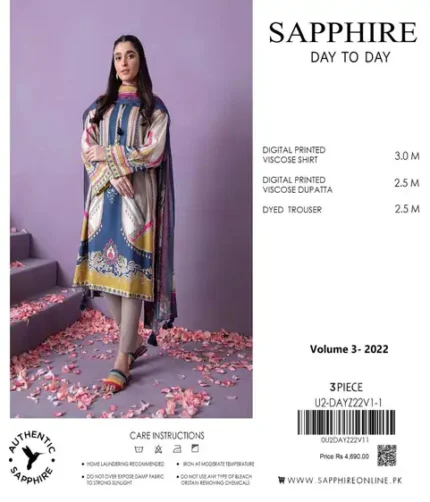 Sapphire 3Pc Winter Collection unstitched viscose suit with digital printed shirt, digital printed dupatta, and dyed trouser – Pakistani designer wear 2025