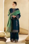 Coco by Zara Shahjahan 3Pc Dhank suit with embroidered neck, sleeves, border patch, embroidered shawl, and trouser – Pakistani designer wear 2025.