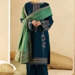 Coco by Zara Shahjahan 3Pc Dhank suit with embroidered neck, sleeves, border patch, embroidered shawl, and trouser – Pakistani designer wear 2025.