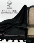 Sapphire Winter Luxury Velvet Shawl for men – 3 yards × 1.5 yards with tassels border and retail packaging.