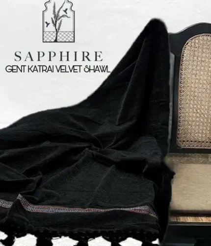 Sapphire Winter Luxury Velvet Shawl for men – 3 yards × 1.5 yards with tassels border and retail packaging.